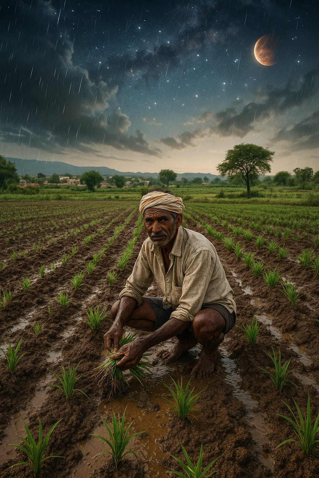 बारिश में खेतों में काम करता हुआ एक बुज़ुर्ग भारतीय किसान