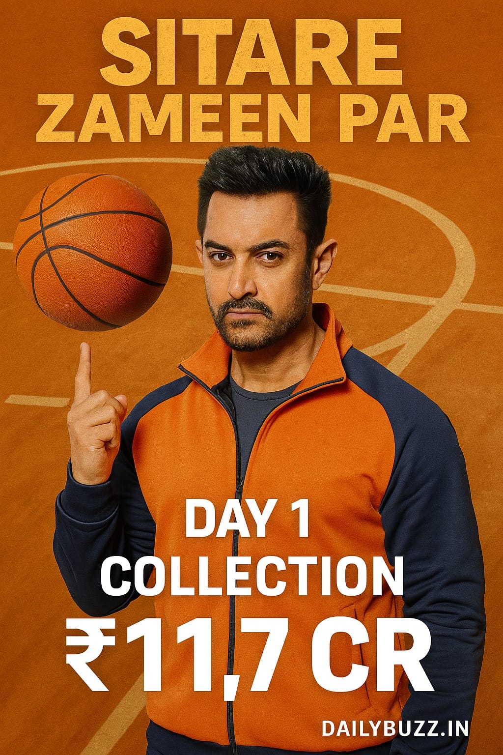 Aamir Khan in Sitaare Zameen Par film poster with Day 1 collection ₹11.7 Cr and basketball background – dailybuzz.in