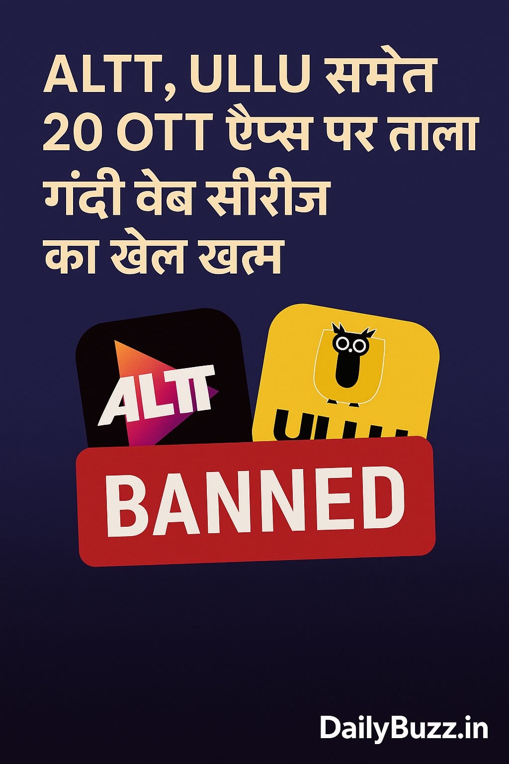 ALTT और ULLU समेत 20 OTT ऐप्स पर सरकार द्वारा लगाए गए बैन को दिखाता ग्राफिक