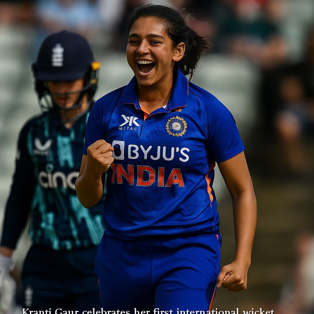 Kranti Gaur celebrating her first international wicket against England
