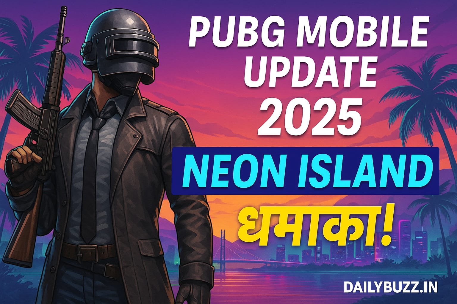 Masked PUBG character with gun standing in front of neon-lit island background, promoting 2025 update.
