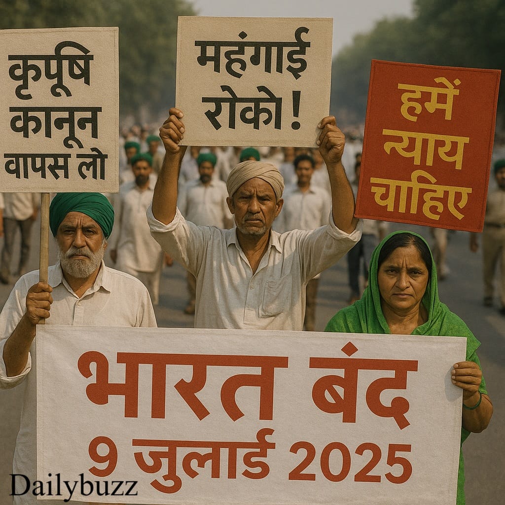 भारत बंद 9 जुलाई 2025 की रैली में प्रदर्शन करते किसान और मजदूर