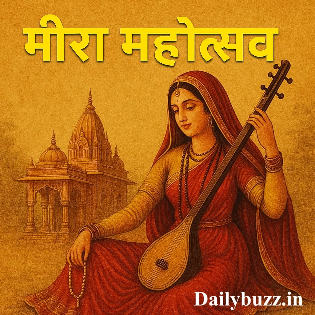 मीरा बाई की पारंपरिक चित्रकला शैली में बनाई गई डिजिटल पेंटिंग जिसमें "मीरा महोत्सव" और "DailyBuzz" का वॉटरमार्क दिख रहा है।