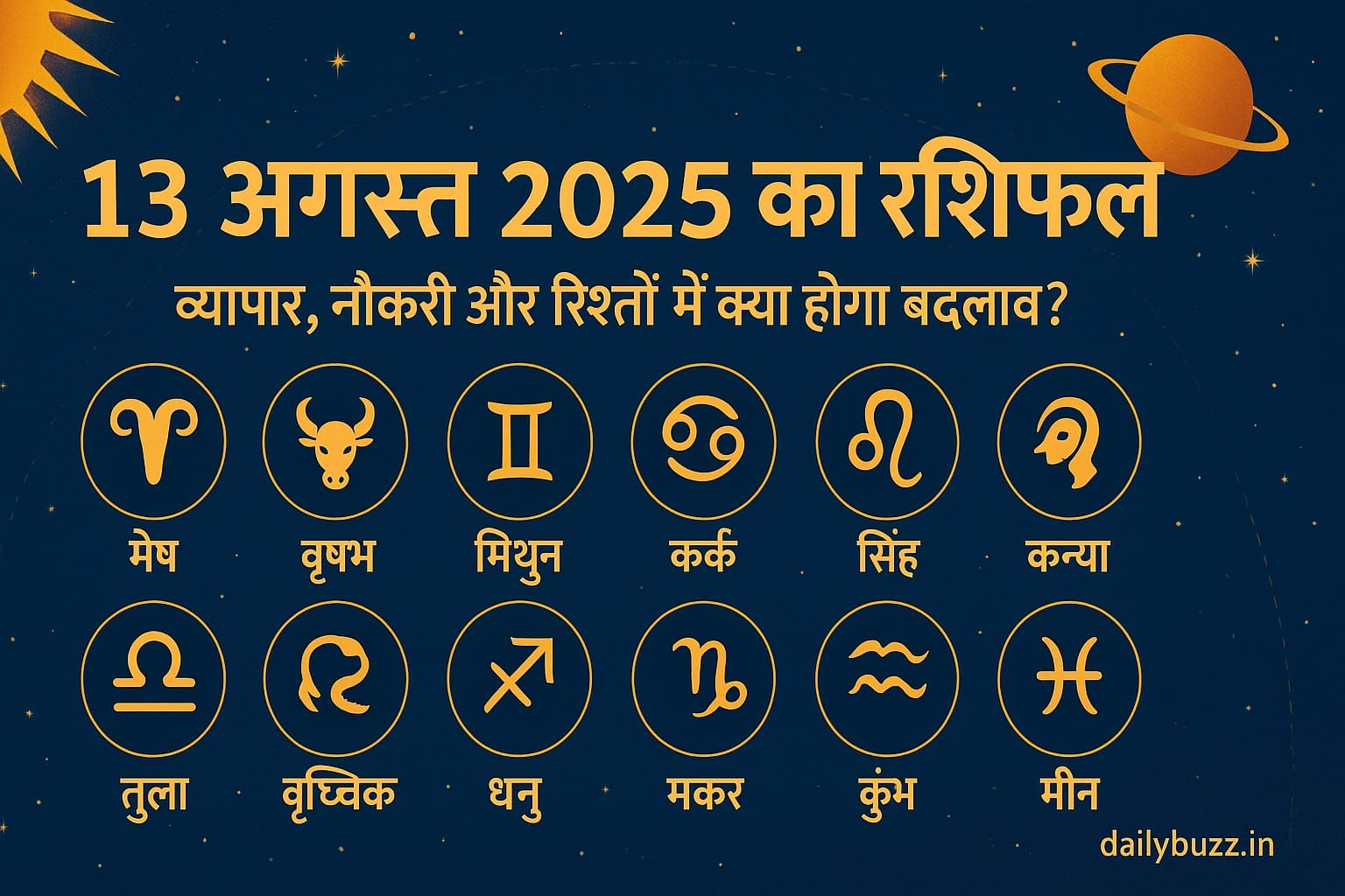 13 अगस्त 2025 का राशिफल – 12 राशियों के साथ ज्योतिषीय थीम वाली इमेज | DailyBuzz