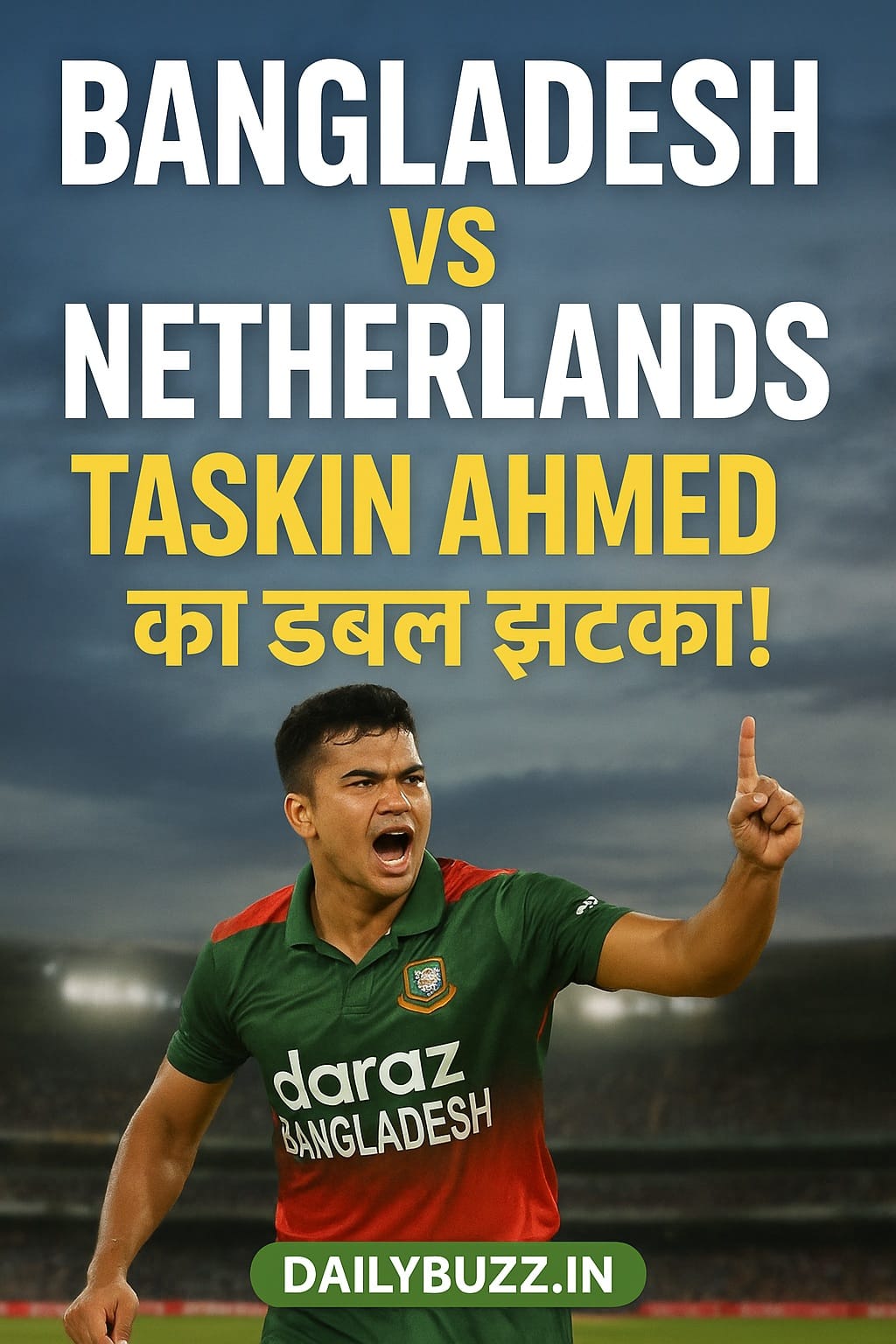 Taskin Ahmed celebrates after taking double blow against Netherlands in 1st T20I
