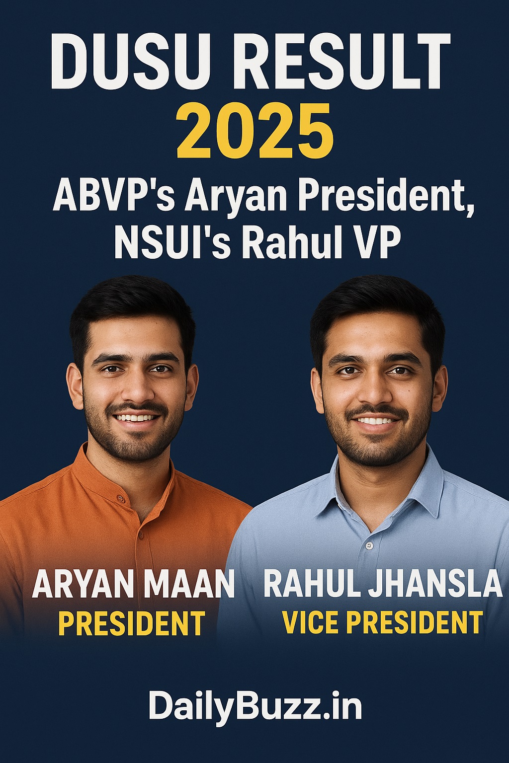 Delhi University DUSU Result 2025 ABVP Aryan Maan as President, NSUI Rahul Jhansla VP