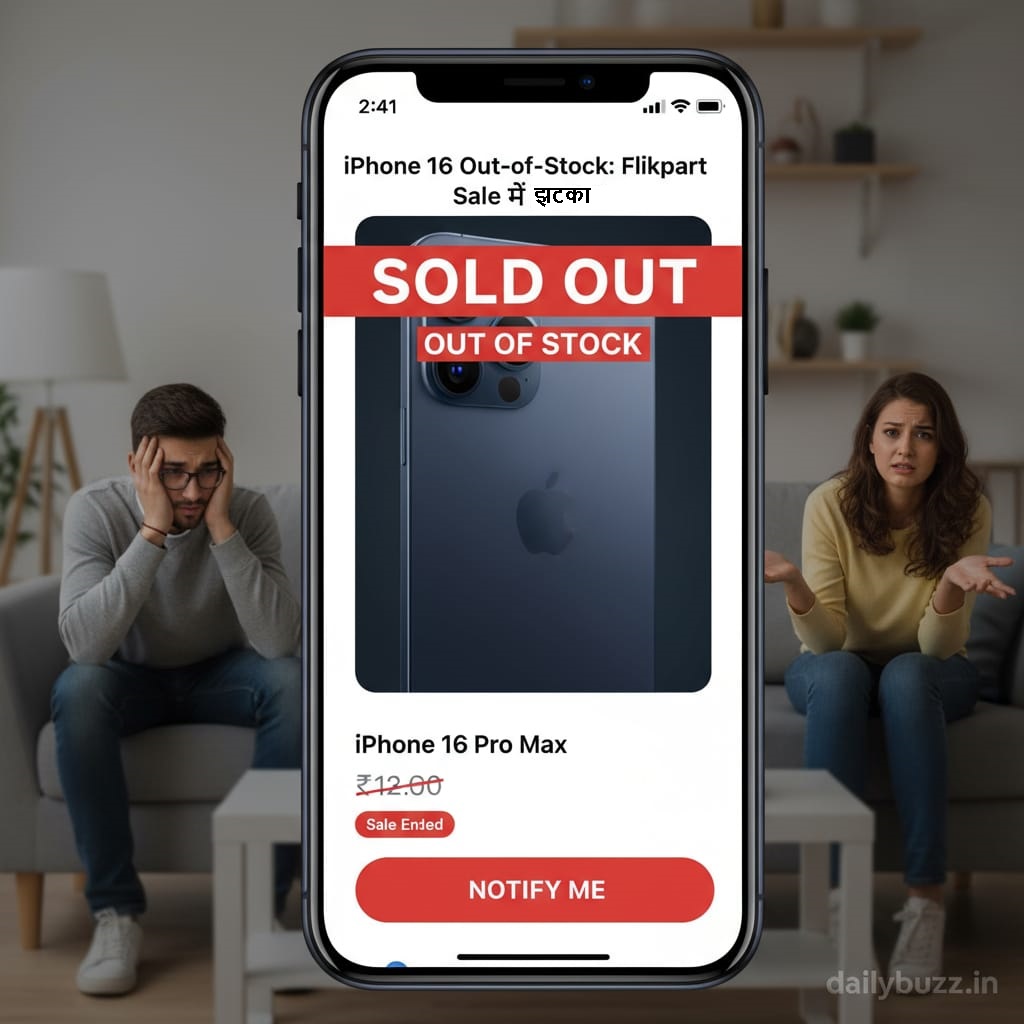 Flipkart ऐप में iPhone 16 Out-of-Stock दिखता हुआ स्क्रीन